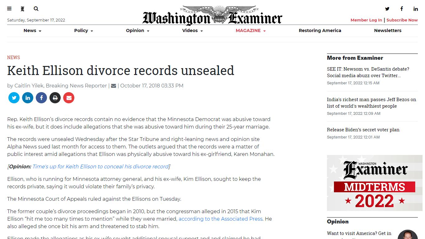 Keith Ellison divorce records unsealed | Washington Examiner